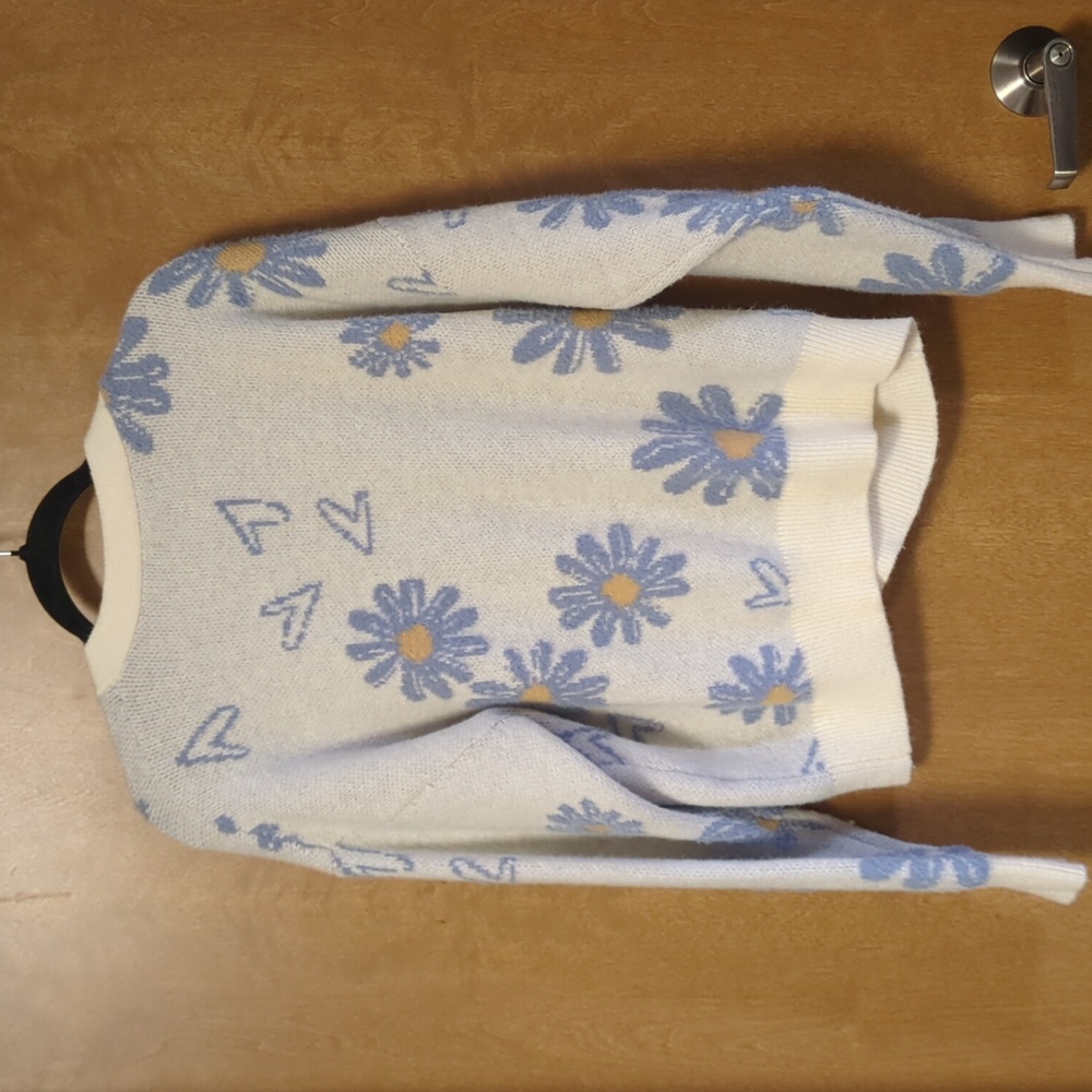 Girlish Oversized Floral Daisy Cardigan  Blue Fuzzy Novelty Retro Knit Sweater L - Picture 2 of 11